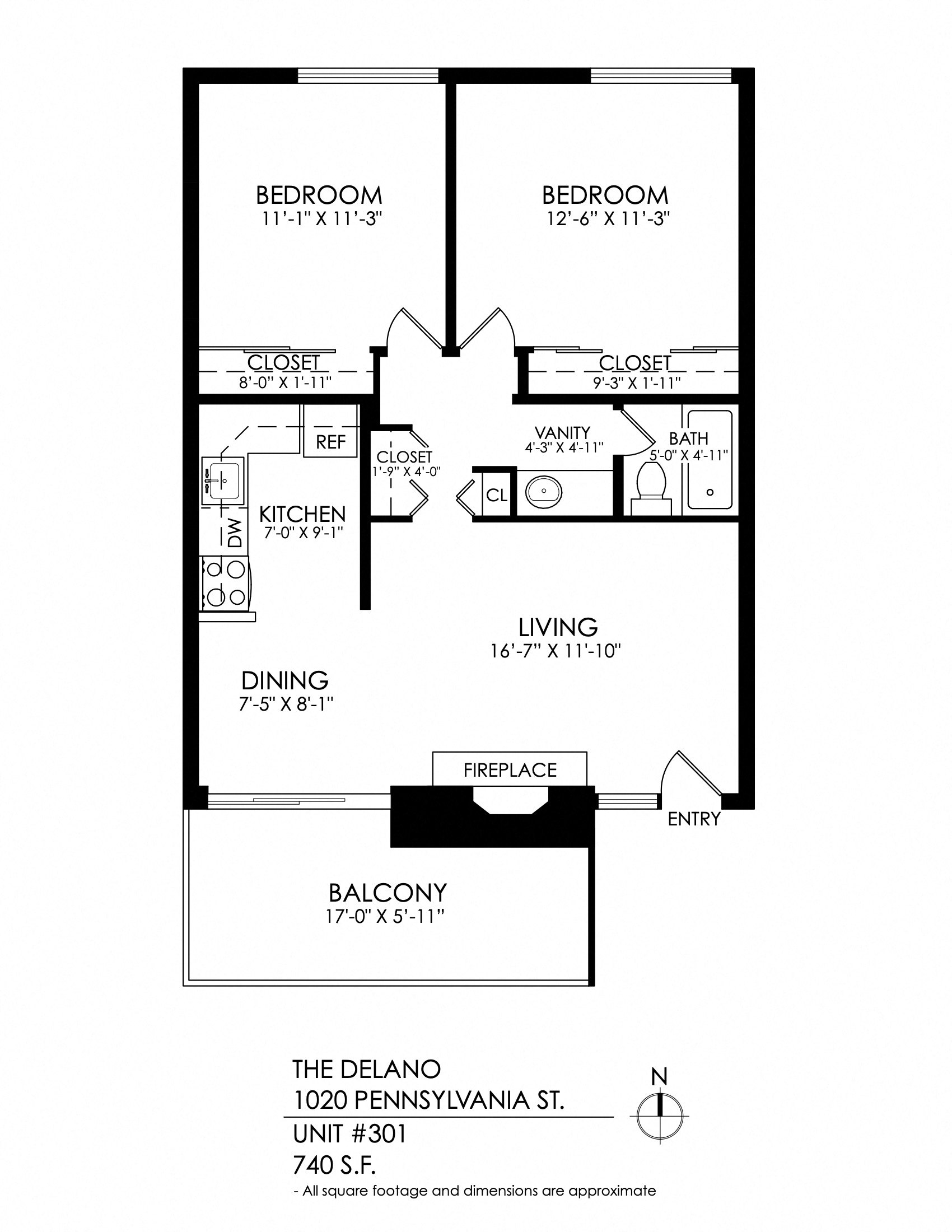 Floor plan for 2 beds, 1 bath, 735 sqft